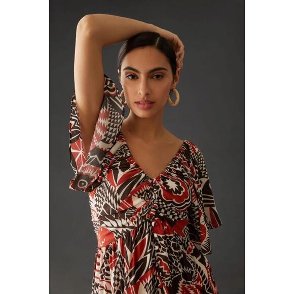 nwt by ANTHROPOLOGIE sz XXS Tiered Maxi Dress in red brown - Picture 3 of 6